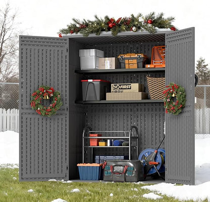 EHHLY Vertical Resin Storage Shed, 60 Cuft Garden Tool Sheds & Outdoor Storage, Plastic Outdoor Storage Cabinet Waterproof, 4.5 x 2.3 ft Backyard Outside Lawn Mower Storage Shed, Grey