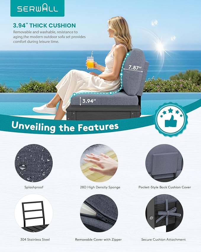 SERWALL HDPE Outdoor Furniture Set, Loveseat and Coffee Table, All Weather Patio Sofas, Seats 2, Outdoor Sectional Sofa for Backyard, Balcony, Black Frame with Grey Cushion