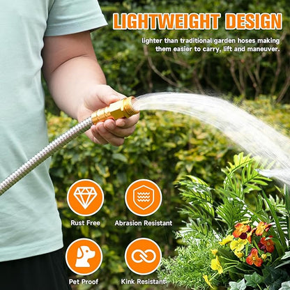 Rosy Earth Garden Hose 15 FT, 304 Stainless Steel Metal Water Hose, Heavy Duty Flexible Leader Hose, Short Water Hose Kink Free Hose for Rv, Outdoor, Yard, No Bite, Leak proof and Durable