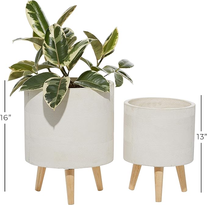 Deco 79 Magnesium Oxide Indoor Outdoor Large Pot with Wood Legs, Set of 2 Planters 16", 13"H, White