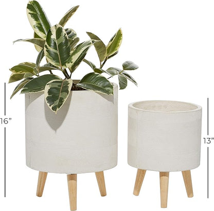 Deco 79 Magnesium Oxide Indoor Outdoor Large Pot with Wood Legs, Set of 2 Planters 16", 13"H, White