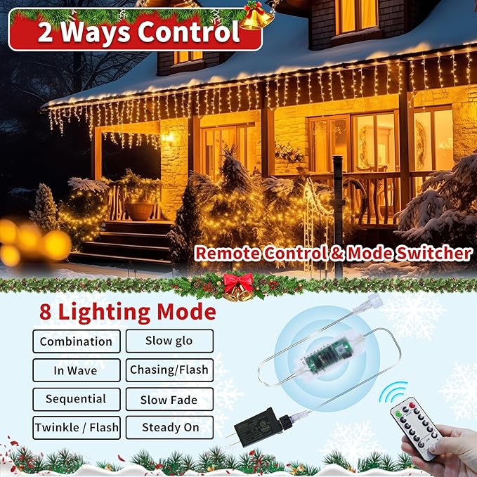 Plug-in Icicle Christmas Lights Waterproof - 65Ft 506 LED Icicle Lights for Outside Decorations with Remote, Warm White Icicle String Lights for Outdoor Indoor House Balcony Decor
