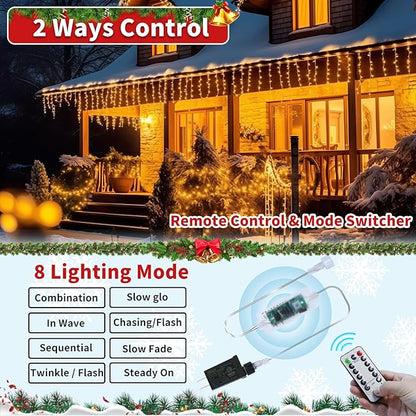 Plug-in Icicle Christmas Lights Waterproof - 65Ft 506 LED Icicle Lights for Outside Decorations with Remote, Warm White Icicle String Lights for Outdoor Indoor House Balcony Decor