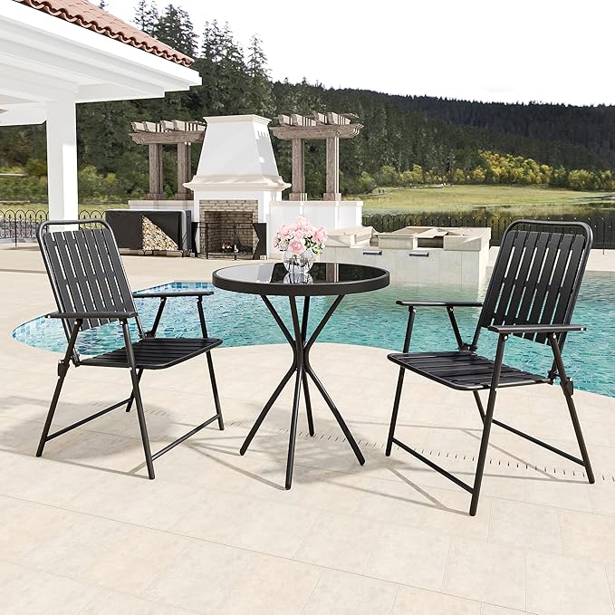 3 Piece Patio Bistro Set Folding Outdoor Dining Set for 2, Bistro Table and Chairs Set of 2 No Assembly Anti Rust Small Outdoor Bistro Sets for Lawn Backyard Balcony Poolside Deck (Black)