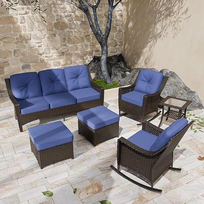 COOS BAY Stone Harbor Wicker Outdoor Furniture Set, All Weather Patio Conversation Sets, Rattan Outdoor Sofa Set, Rocking Chairs, Couch, Ottomans, and Side Table, 6 Pieces, Brown/Blue