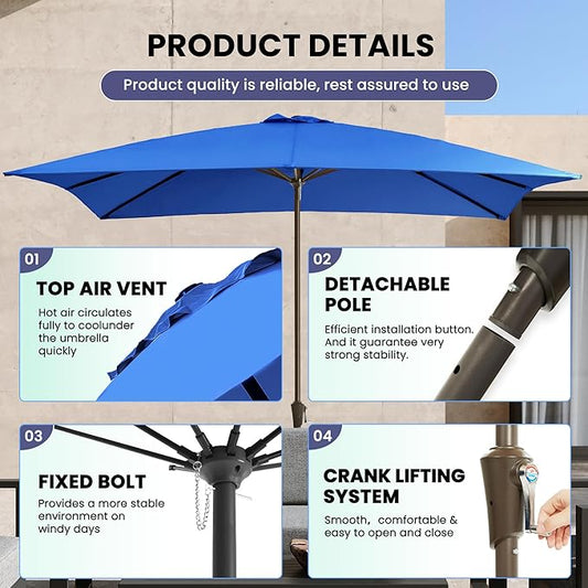 Ayge 8x10FT Large Rectangular Patio Umbrella Outdoor Table Umbrella w/Crank Rectangle Market Umbrella UV Protection for Garden, Deck,Lawn,Yard & Pool,blue
