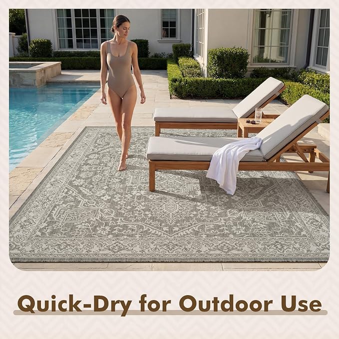 MontVoo-Outdoor Rug-Patio Rug 5x7 ft Polypropylene Indoor Outdoor Rugs Carpet for Patio Deck Balcony Porch, Textured Weave, Durable for High Traffic, Fade-Resistant, Vintage Medallion Silver Grey