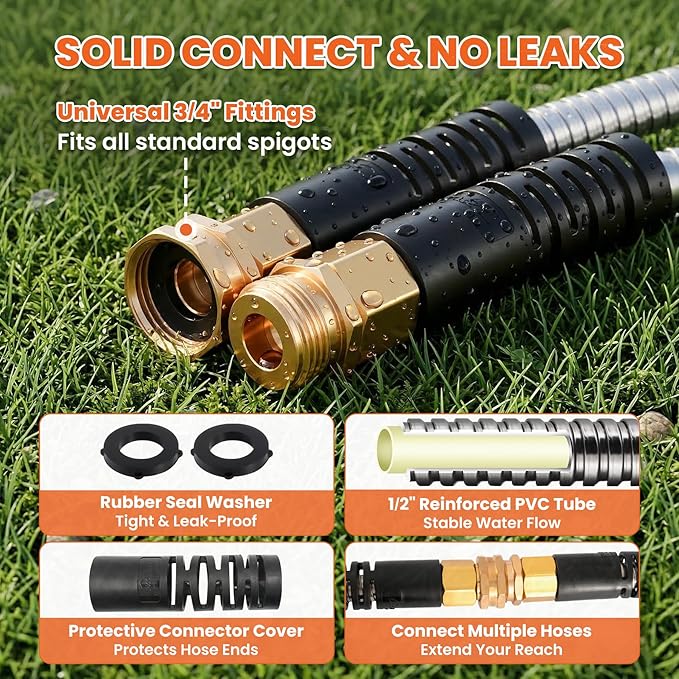 Cesun 50 ft Metal Garden Hose, Stainless Steel Heavy Duty Water Hose With 10 Function Nozzle, No Kink & Flexible, Lightweight and Durable, Rust Proof for Yard, RV, Pet Bath, Outdoor, 50 foot x 5/8"