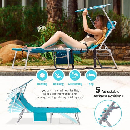 #WEJOY 3 in 1 Tanning Chair with Face Hole & Canopy, 300 lbs Heavy Duty 5 Positions Folding Face Down Lounge Chairs Outdoor with Pillow & Storage Bag Portable for Pool Beach Lawn Camping (Cyan)