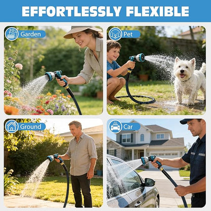 Halfjuly Garden Hose 50FT, Flat Non-Expandable Lightweight Water Hose, Durable Flexible Heavy Duty No Kink Design with 3/4" Fittings, 10 Way Spray Nozzle for Outdoor Yard Lawn