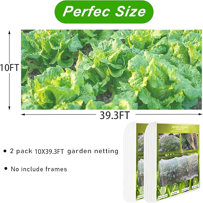 Garden Netting, 2 Pack 10X39.3FT Ultra Fine Insect Netting for Vegetable Flowers Fruits, Garden Mesh Plant Cover Row Cover Barrier Protection Net for Birds, Garden Netting for Raised Beds
