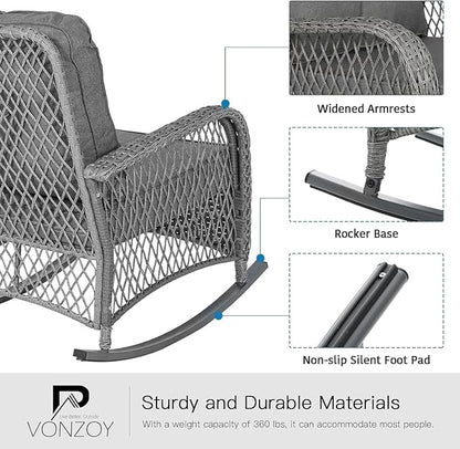 Patio Furniture Set 3 Pieces, Wicker Outdoor Rocking Bistro Set with Thick Cushions, Outdoor Rocker Chairs and Coffee Table for Porch, Backyard or Garden (Grey)