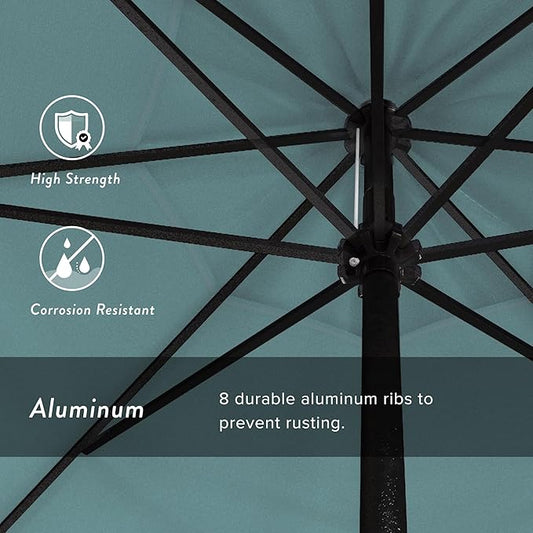 California Umbrella 9' Rd Aluminum Patio Umbrella, Crank Lift, Auto Tilt, Black Finish, Sunbrella Aruba