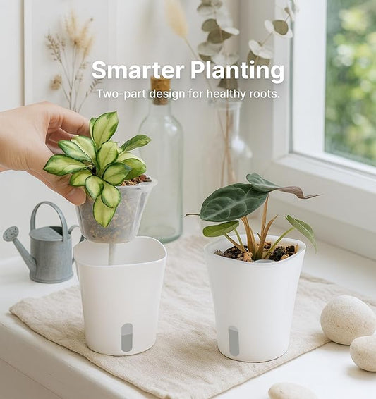 10 Pack 3" Self Watering Pots for Indoor Plants, Clear Inner Cup, Small White Plastic Planters, Water Level Indicator, Drainage Holes, Extra 3ft Wick, Cuttings,Seedlings,Herb,African Violet