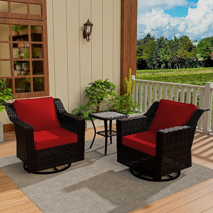 VistaVibe 3 Pieces Outdoor Patio Conversation Furniture Set - 360 Degree Swivel Glider Rocker Chairs | Wicker End Table, Washable Cushions, Hand-Woven PE Rattan, Lawn, Sunroom (Brown/Red)