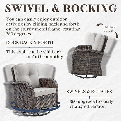 HUMMUH 5 Pieces Wicker Patio Furniture Set,Outdoor Swivel Gliders Rocker,Patio Ottomans,Glass Top Side Table,Outdoor Conversation Set for Porch Deck Backyard Poolside