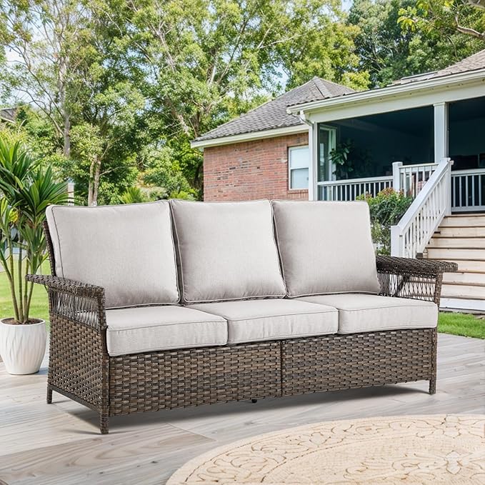 Patio Furniture Set 2 Wicker Swivel Glider Chairs 2 PE Rattan Ottomans with Beige Cushions Patio PE Rattan Sofa Coffee Table Brown Wicker Patio Conversation Set 6pcs for Patio