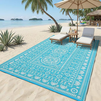 Garvee Reversible Outdoor Rug 6x9 for Patio, Waterproof Outdoor Area Rug, Modern Medallion Indoor Outdoor Rugs, Plastic Straw Rug for RV, Camping, Deck, Vintage Blue
