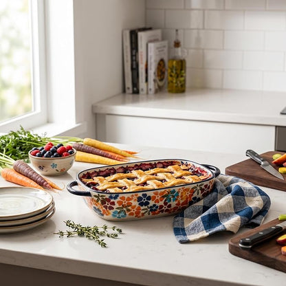 Ceramic Baking Dish with Handles, Hand-painted Polish Pottery Baking Dish Set of 2,Baking Pan Lasagna Pan, Rectangular, Floral Pattern, Oven Safe, 13.22x7.5x2.8 Inch (orange)