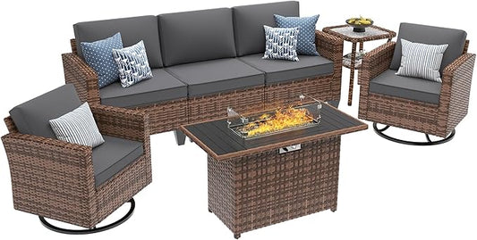 UDPATIO Patio Furniture Set with Fire Pit Table, Rocking Swivel Chairs, 5 Pieces Outdoor Furniture Sets, All-Weather Wicker Outdoor Sectional Sofa with Waterproof Cover, 4'' Thickened Cushion, Grey