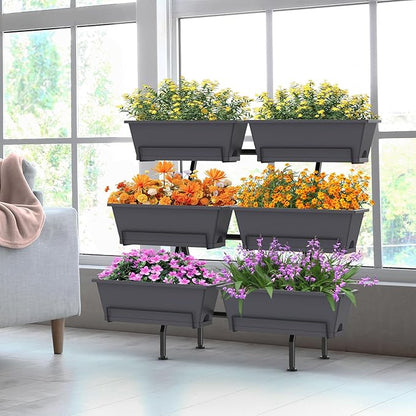 Sunexinlo 3-Tier Vertical Garden Planter with 6 Boxes, 31" Tall Raised Garden Bed with Adjustable Feet for Herbs, Flowers, Vegetables, Ideal for Indoor, Outdoor, Patio, Balcony, Deck Use, Gray