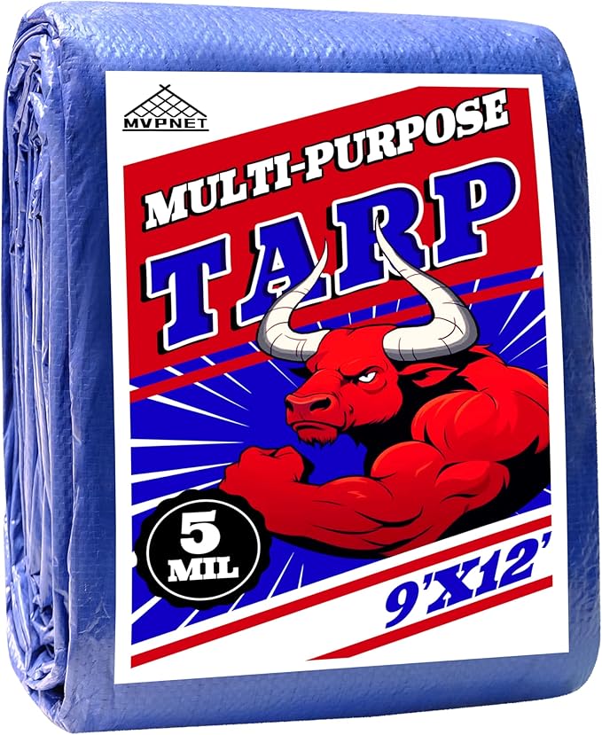 Tarp 9x12 ft 100% Waterproof Uv Resistant High Durability Multipurpose 5mil Blue Tarp for Covering Courtyards, Cars, Camping, Gardens, Pet Nests -by MVPNET