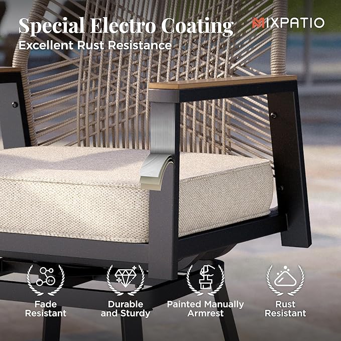 3 Piece Outdoor Bar Set, Height Rattan Bar Stools with Wood Grain Top Coffee Table, Wicker High Top Outdoor Table and Chairs with Cushion, Patio Barstool Set for Porch, Pool and Deck, Beige