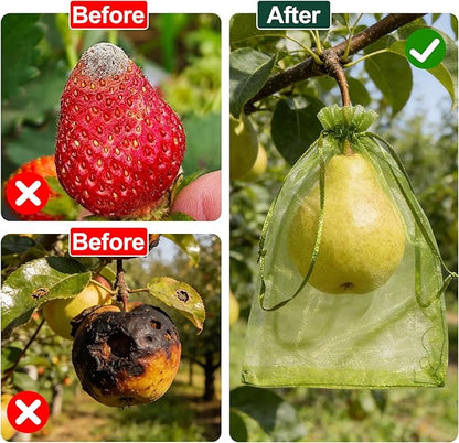 100 Large Fruit Protection Bags 7.9x11.8 Inch, Green Mesh Netting with Drawstring, Pest & Bird Barrier for Grapes, Eggplants, Zucchini and Other Garden Produce