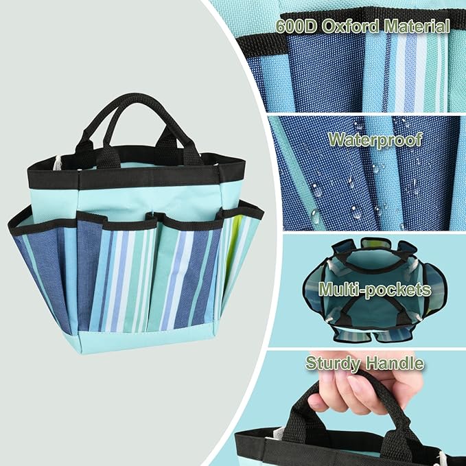 Garden Tool Bag Waterproof Gardening Hand Tool Storage Bag Heavy Duty Oxford Tote Organizer Bag with 8 Pockets, Garden Utensil Handbag for Women Men (Blue)