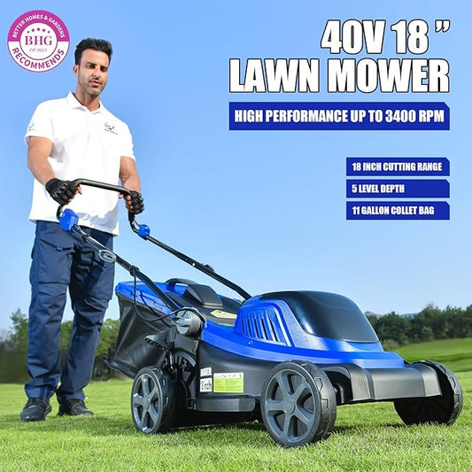 Wild Badger Power 40V 18″ Cordless Lawn Mower Brushless , 5,445 sq ft/0.125 ac, 1×4.0Ah Battery & Fast Charger, 5-Position Height ,for Small-to-Medium Lawns