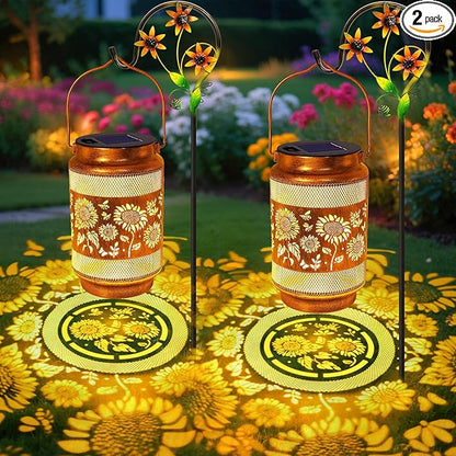 2 Pack Sunflower Solar Lanterns Outdoor Waterproof Solar Garden Decor, Birthday Gifts for Mothers Day Women Mom Grandma, Metal Hanging Lights with Shepherd Hook for Outside Yard Patio Pathway Backyard