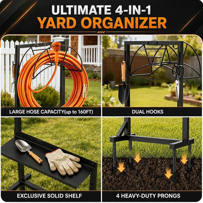 facka Garden Hose Holder Freestanding Metal Hose Stand 4-Prong Shelf Hooks | Holds up to 160FT Hose for Yard Garden Outdoor，Water Hose Holder and Hose Hanger, Alternative to Hose Reels for Outside