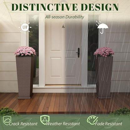 JUMMICO Set of 2 Resin Rattan Tall Planters for Outdoor Plants, Large Tapered Planters with Drainage Holes, Inner Trays and Outer Saucers, Flower Pots for Garden, Patio, Porch, Backyard (Brown, 32")