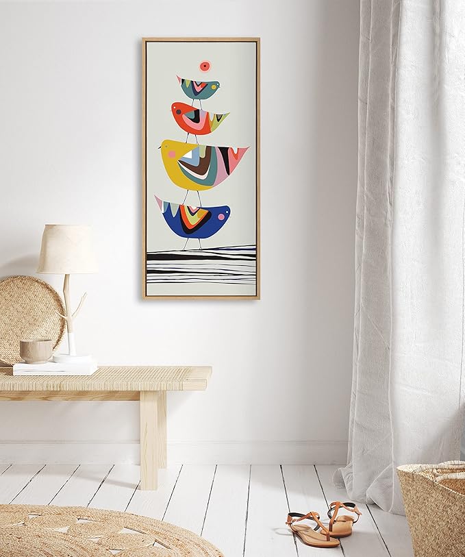 Kate and Laurel Sylvie The Family Tree Panel Framed Canvas Wall Art by Rachel Lee of My Dream Wall; 18x40 Natural; Adorable Block Print Bird Art for Wall
