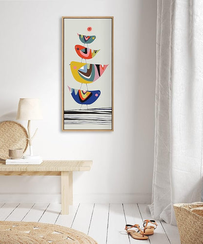 Kate and Laurel Sylvie The Family Tree Panel Framed Canvas Wall Art by Rachel Lee of My Dream Wall; 18x40 Natural; Adorable Block Print Bird Art for Wall
