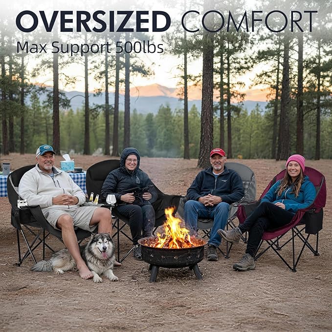 Oversized Camping Chair for Adults - Heavy Duty Outdoor Padded Large Lawn Camp Chair with Cup Holder Cooler Pockets for Sports Beach Fishing Garden Portable Supports 500lbs, Black/Grey 2 Pack