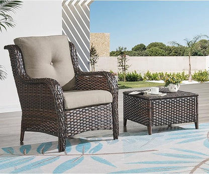 HUMMUH Outdoor Wicker Patio Chairs Set of 2 PE Rattan Patio Seating Chairs High Back Curved Armrest Porch Chairs with 4 inch Seat Cushions (Brown/Grey)