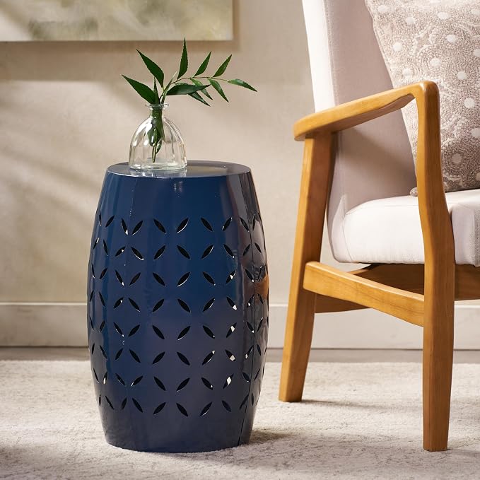 Christopher Knight Home Hayon 17.75'' Small Outdoor Side Table, Metal Outdoor Stool, Lace Cut Iron End Table, Hollow Drum Round Side Table, Decorative Garden Stool with Cutout Design, Dark Blue