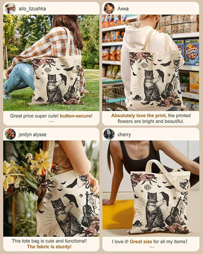 Miss Adola Canvas Tote Bag for Women – Aesthetic Canvas Bag with Zipper Cute Stylish Reusable Shoulder Totes for Shopping Work Daily Vacation, Crow Cat