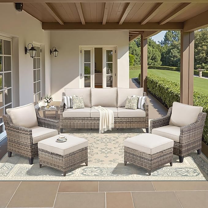 Buenhomino Outdoor Patio Furniture Set-PE Wicker Sofa Couch with Ottomans Comfy Cushions, All Weather High Back Patio Conversation Set for Porch Deck Balcony Garden Grey/Beige