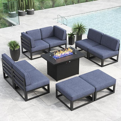 LayinSun Large Aluminum Patio Furniture Set with Fire Pit Table, 9 Pieces Modern Outdoor Conversation Set Sectional Metal Sofa Set with Olefin Cushion
