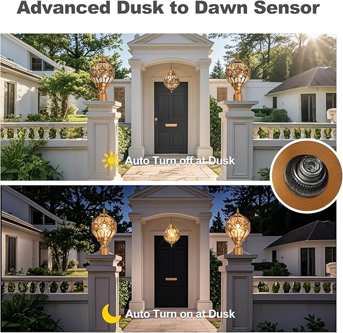Dusk to Dawn Globe Outdoor Post Light for Lawn Patio Yard Driveway, Brass Sphere Outside Lamp Post Light, Pier Mount Post Lantern Lighting Fixtures, Soccer Ball Exterior Pole Post Light(1 Pack)