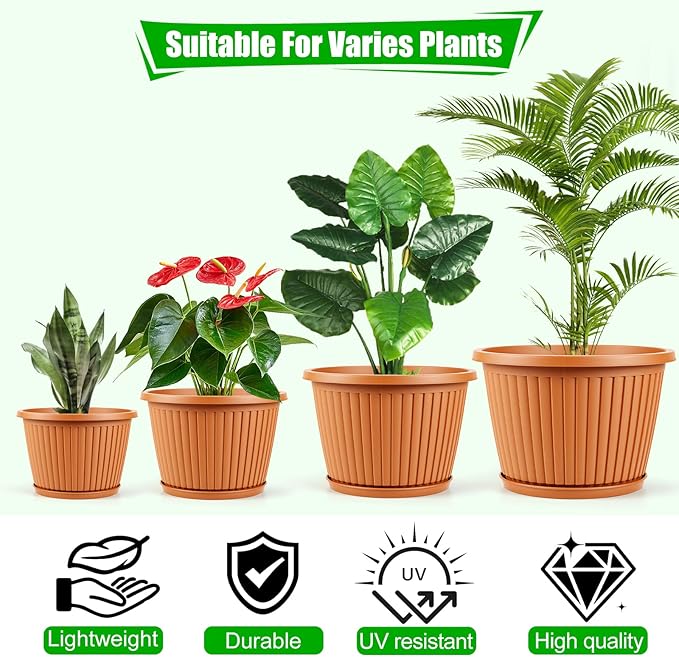 Large-Planter-Indoor-Outdoor Plant Pots, 12 inch 4 Pack Plastic Flower Pots with Saucer And Drainage Holes, Modern Garden Planters For Planting Medium Large Plants, Decorative Resin Garden Pots
