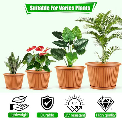 Large-Planter-Indoor-Outdoor Plant Pots, 12 inch 4 Pack Plastic Flower Pots with Saucer And Drainage Holes, Modern Garden Planters For Planting Medium Large Plants, Decorative Resin Garden Pots