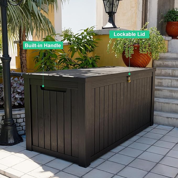 180 Gallon Deck Box, Waterproof Resin Outdoor Storage Box Lockable for Patio Furniture, Fade Resistant Patio Side Table & Organizer for Garden Tools, Pool Floats, Outdoor Cushions, Black