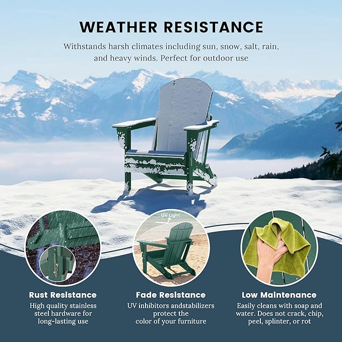Westin Outdoors Laguna WO Outdoor Adirondack Folding Patio Chairs 8 PCS Set Retro Beach Aesthetic for Backyard, Lawn, Patio, Deck, Garden, Weather Resistant Polyethylene Plastic Lounger (Dark Green)