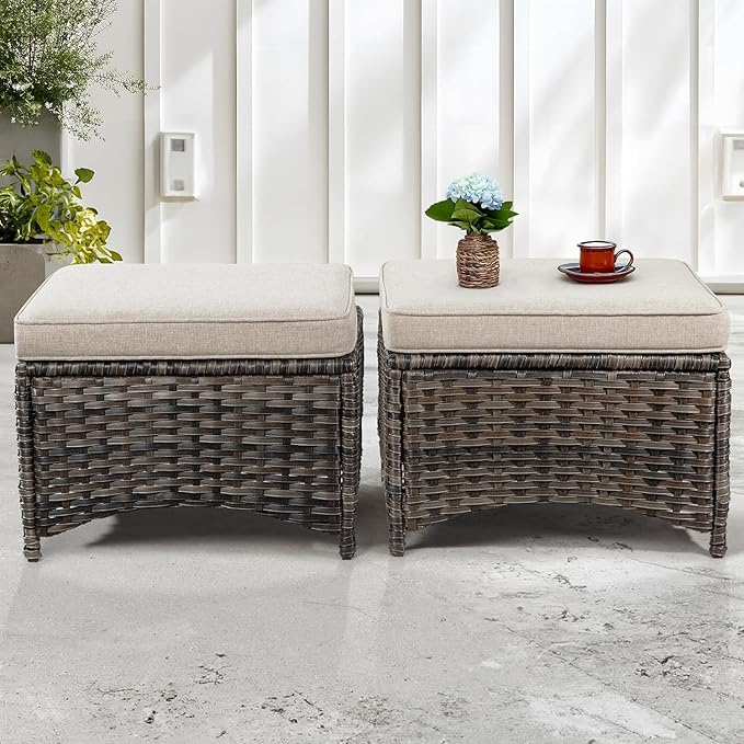 4 Piece Patio Furniture Set, 2 Chairs and 2 Ottomans PE Wicker Footstool, Outdoors Rattan Conversation Set with Deep Seating and Olefin Cushions, for Backyard, Garden, Beige