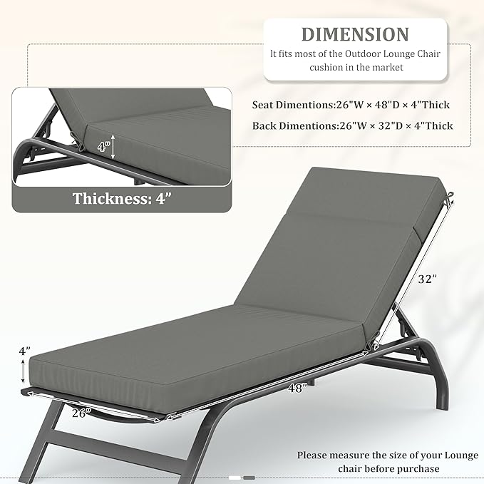Chaise Lounge Cushions Outdoor, 80" L X 26" W X 4" D Lounge Chair Cushions for Outdoor Furniture, High-Density Foam Outdoor Chaise Cushion-Waterproof Fade-Resistant ThickPatio lounge chair cushion