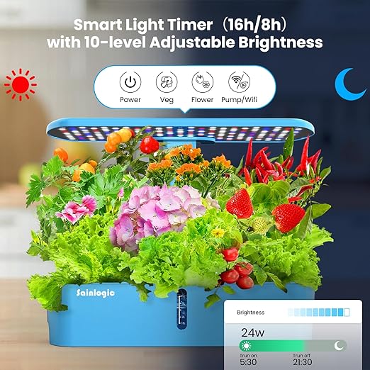 Sainlogic Hydroponics Growing System, 12 Pods Indoor Garden 24W Adjustable-Height LED Grow Light, Gift for Mom, APP & WiFi Smart Planter, Quiet Pump, Auto Timer, for Herbs Vegetables Flowers