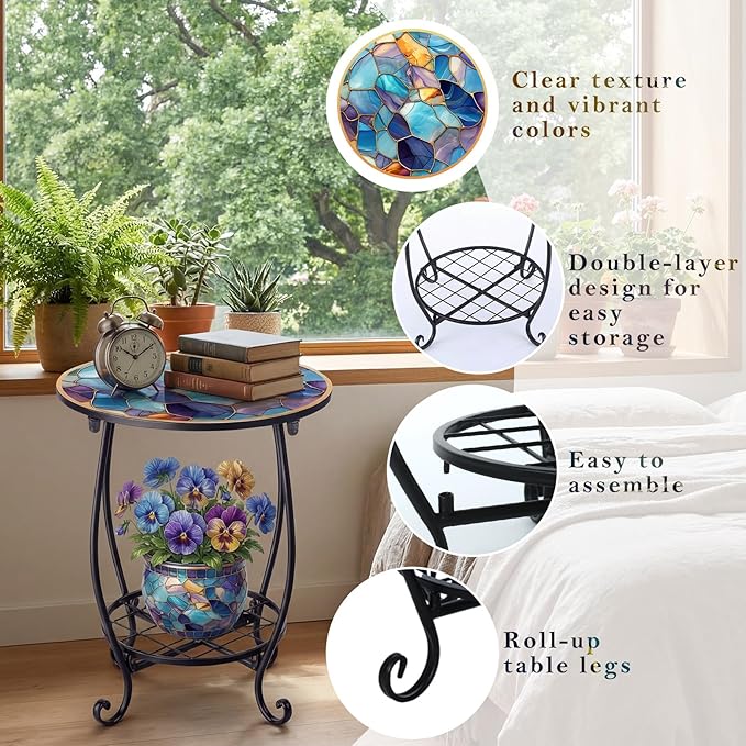 Cinnvoice Outdoor Side Table Round Small Mosaic Patio Accent Indoor End Plant Coffee Tea Table for Yard Patio Porch Garden Living Room, Bedroom(Marble Style,14 Inch)